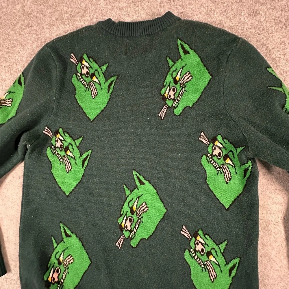 Volcom Knit Sweater XS Green Mens Graphic Wolf Print Christmas Winter Festive